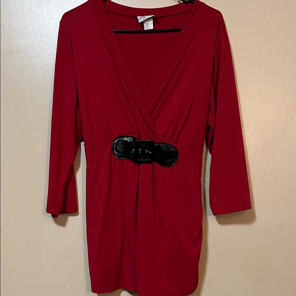 Caren Sport Red Wrap-Style Top with Black Waist Accent